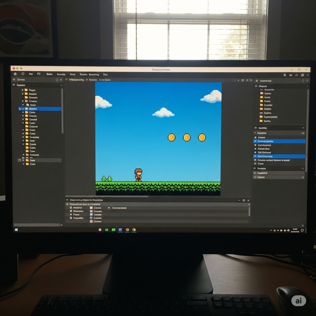 Экран компьютера с интерфейсом Unity и простой 2D игрой